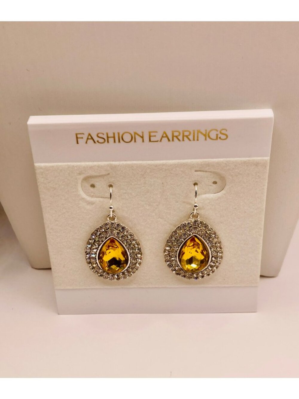 Teardrop Yellow Crystal & Rhinestone Dangle Earrings -75B